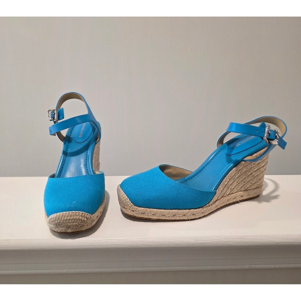 Womens sz 6 B Michael Kors Kenzie Wedge Sandals Milos Blue Canvas Espadrille '26